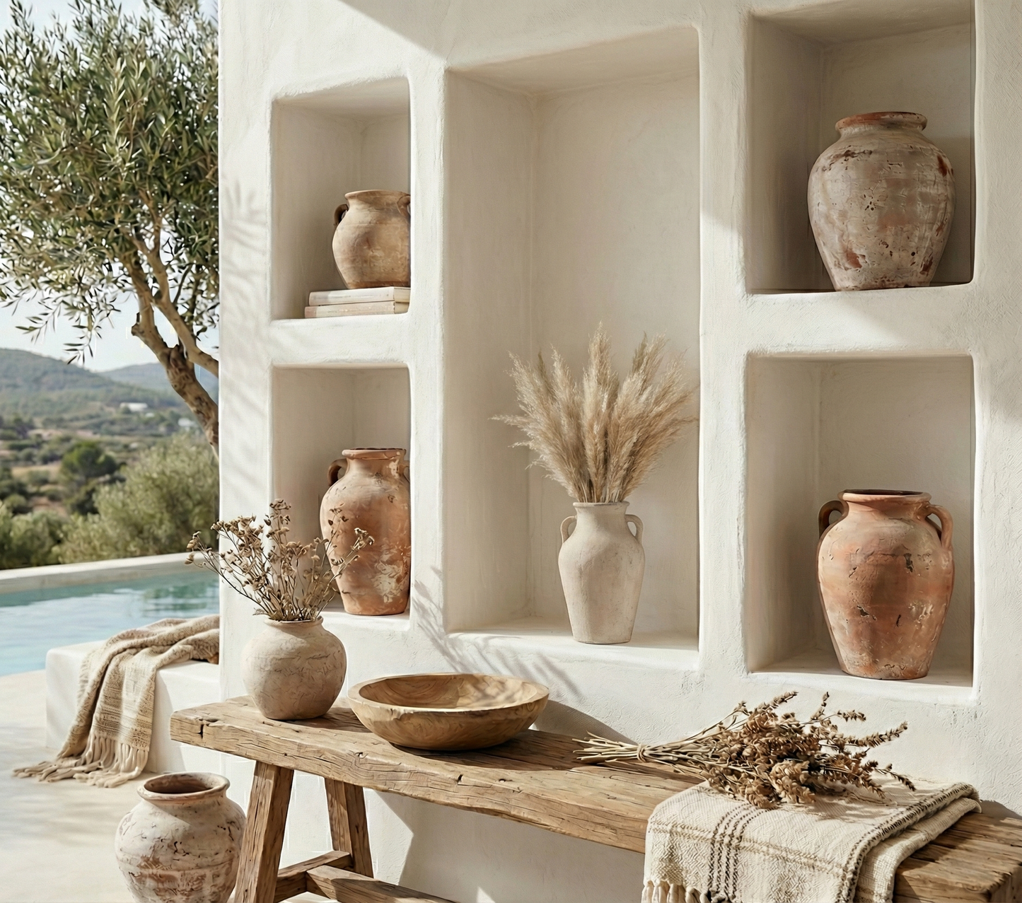 Décoration avec Vase rustique en céramique beige avec anses style antique