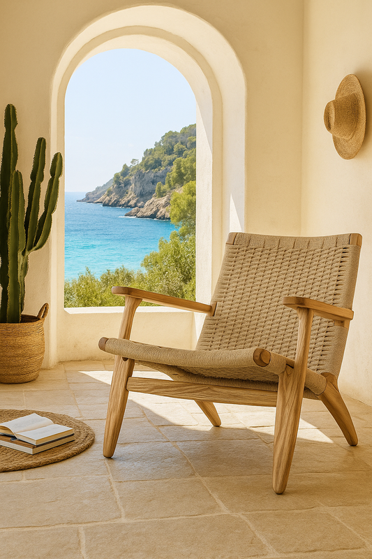 Chaise en rotin tissée façon corde.
