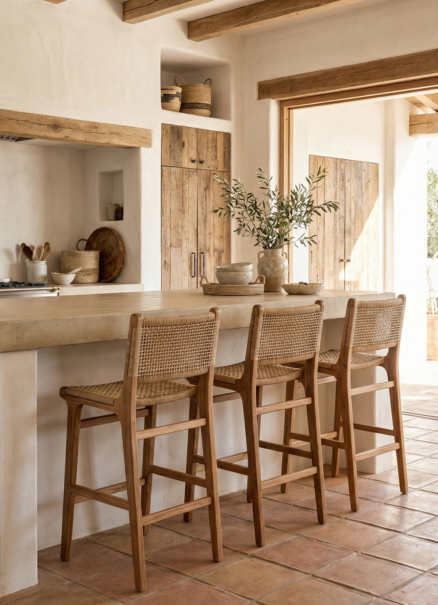 Sillas de bar de madera maciza y ratán: diseño natural y artesanal.