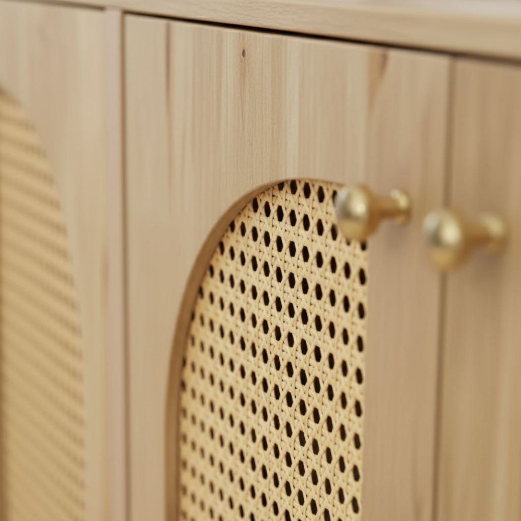 Gros plan sur Grand buffet bas style bohème chic minimaliste alliant structure aspect chêne naturel et détails en rotin