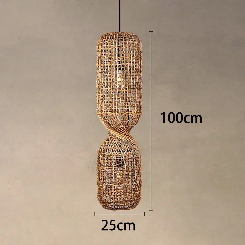 Hand-woven rattan pendant light.