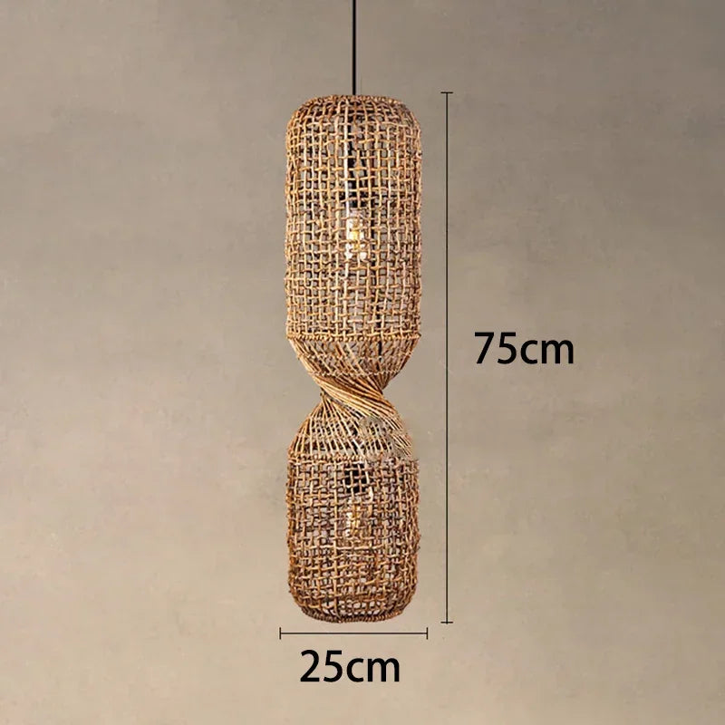 Hand-woven rattan pendant light.