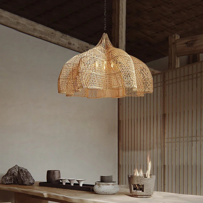 Handmade rattan hanging lamp.