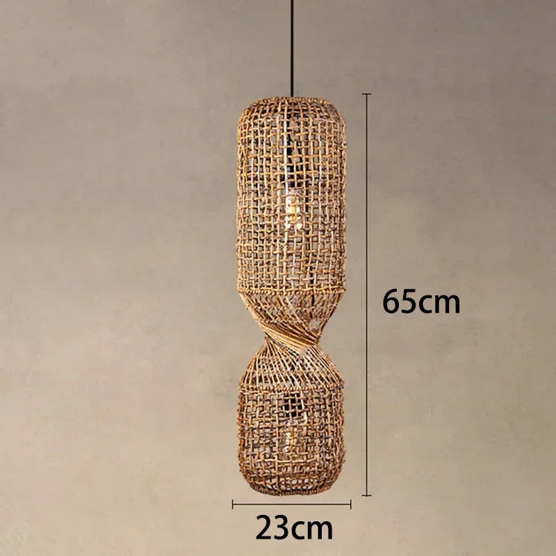 Hand-woven rattan pendant light.