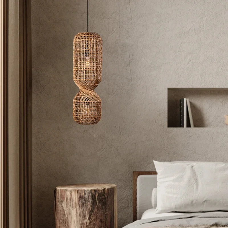 Hand-woven rattan pendant light.