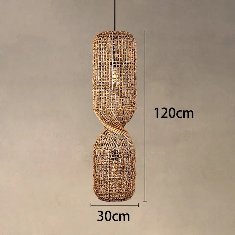 Hand-woven rattan pendant light.