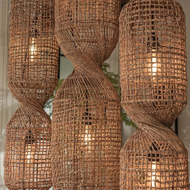 Hand-woven rattan pendant light.