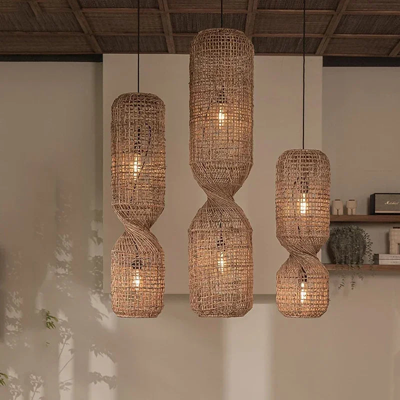 Hand-woven rattan pendant light.