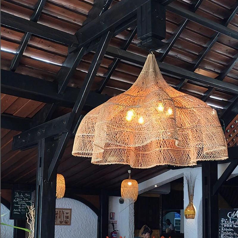 Handmade rattan hanging lamp.