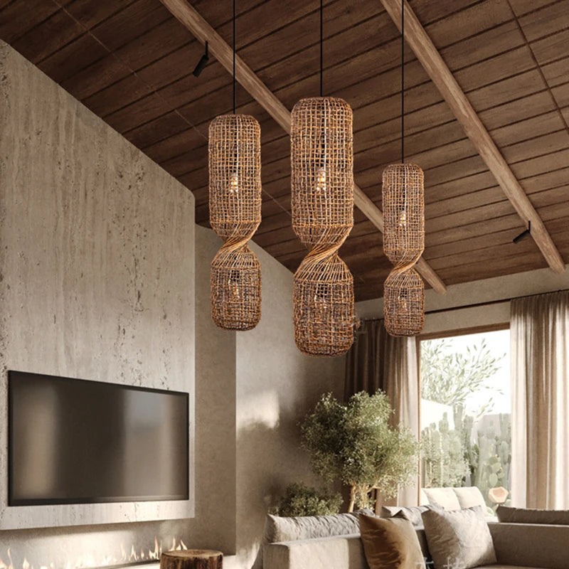 Hand-woven rattan pendant light.