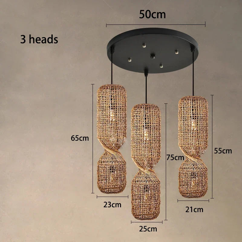 Hand-woven rattan pendant light.