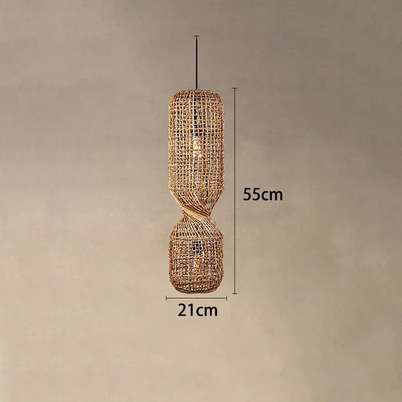 Hand-woven rattan pendant light.