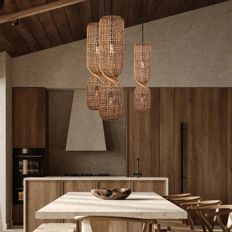 Hand-woven rattan pendant light.