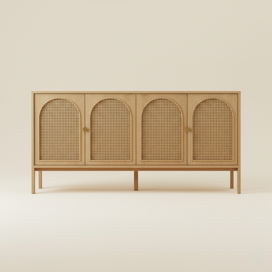 Grand buffet bas style bohème chic minimaliste alliant structure aspect chêne naturel et détails en rotin