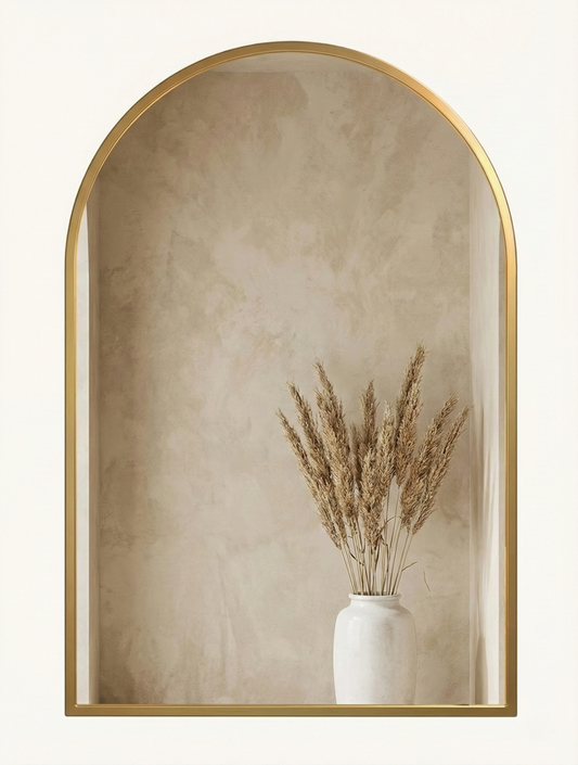 Miroir arche à cadre doré reflétant un vase avec herbes de la pampa séchées devant un mur à la chaux beige texturé.