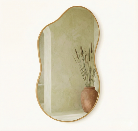 Gros plan sur le cadre aluminium or inoxydable et le verre sécurité du miroir.