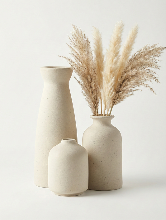 Ensemble de trois vases en céramique beige mouchetée de différentes tailles sur fond blanc, dont un avec une fleur séchée.