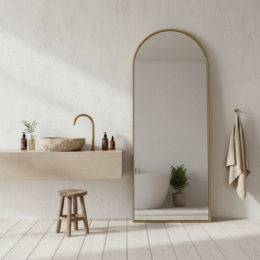 Grand miroir doré posé au sol dans une salle de bain style méditerranéen avec murs à la chaux et lumière naturelle.